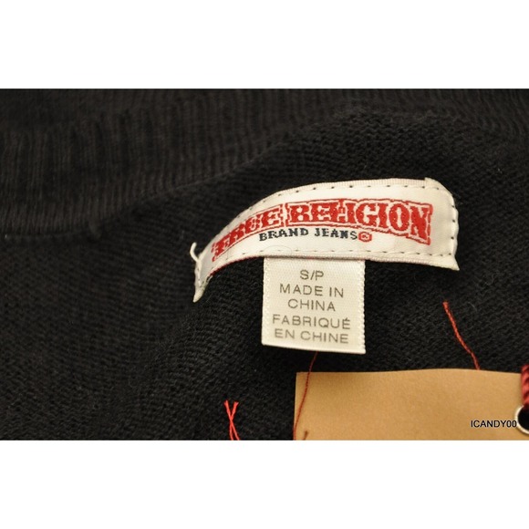 True Religion Embroidery U V-Neck Cotton/Cashmere Sweater Black XS Nwt $178 - Picture 7 of 8